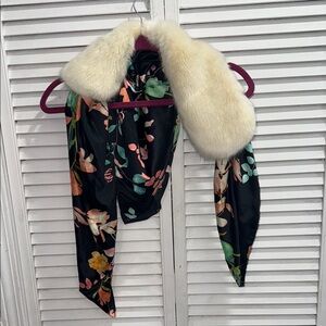 Anthropologie Black Floral Scarf with Cream Faux Fur NWOT